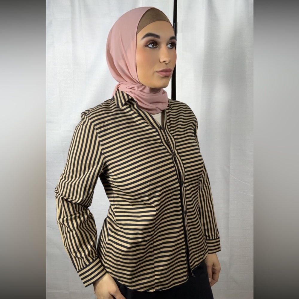 Chico's Wrinkle Resistant Brown Black Striped Button Front Shirt Top Size 1